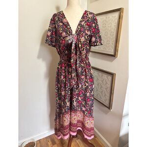 Boho Floral Tie Front Midi Dress L Cottagecore Prairie Peasant Romantic Folk